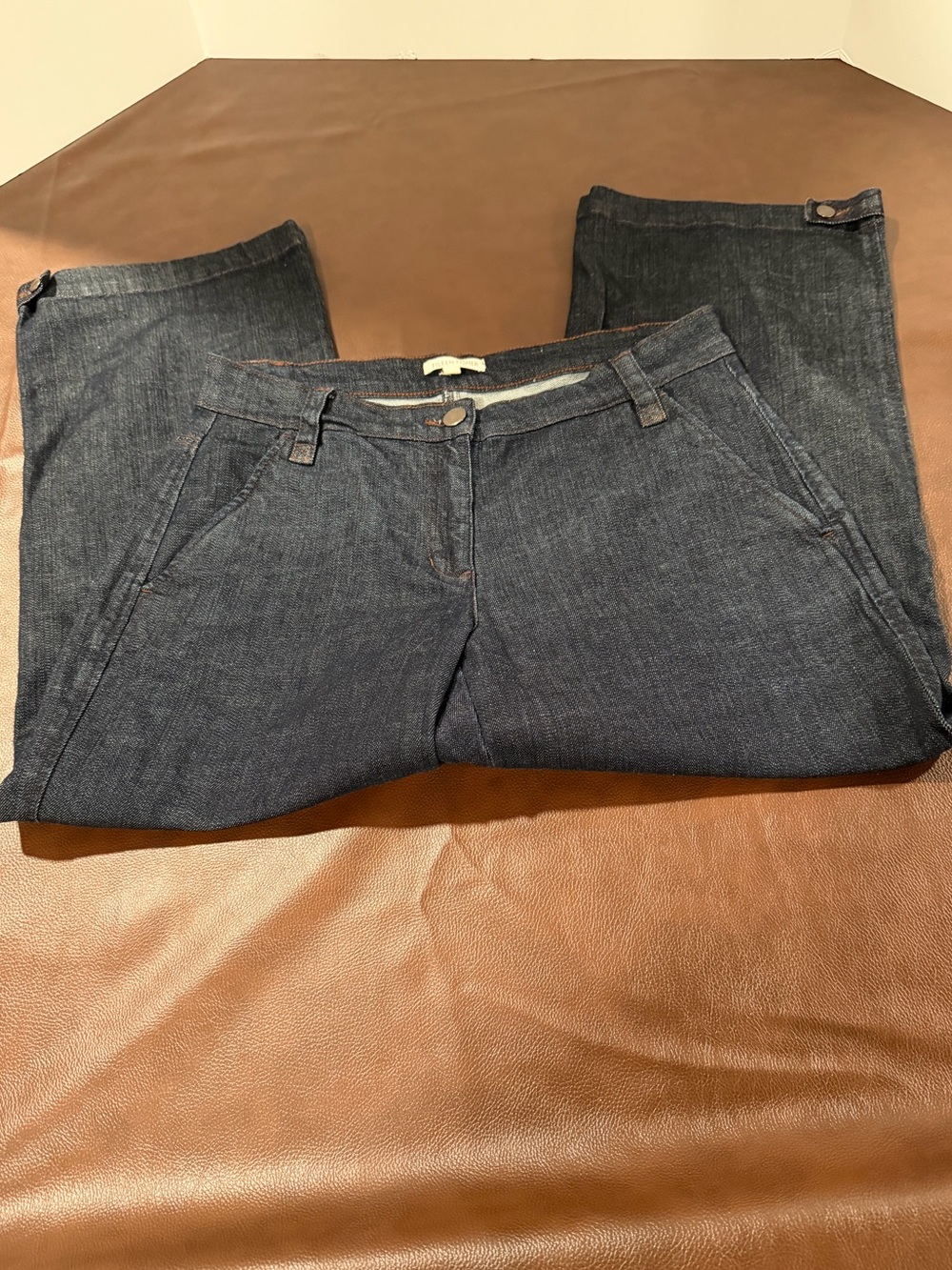 Eileen Fisher Dark Indigo Denim Cropped Pants Button Hem Size S